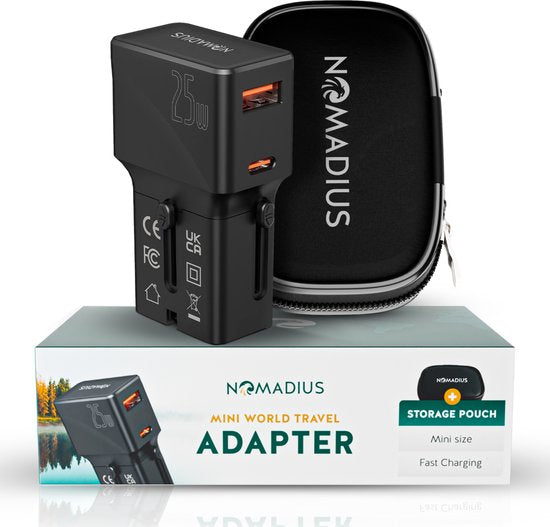 Adaptateur prise universelle - Nomadius - Chargement rapide - Prise de voyage universelle - 1 USB-C et 1 USB - 200+ pays - Noir