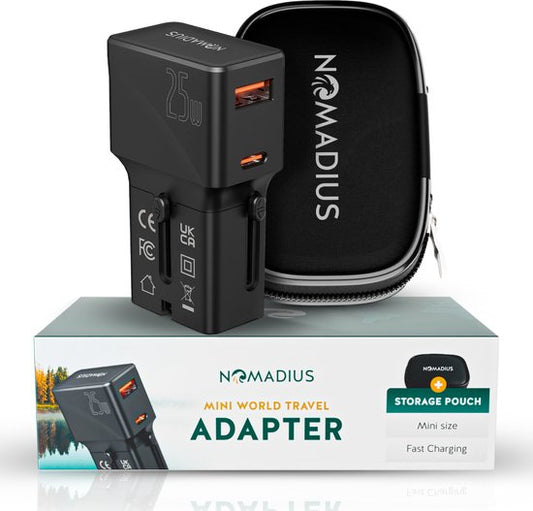 Adaptateur prise universelle - Nomadius - Chargement rapide - Prise de voyage universelle - 1 USB-C et 1 USB - 200+ pays - Noir