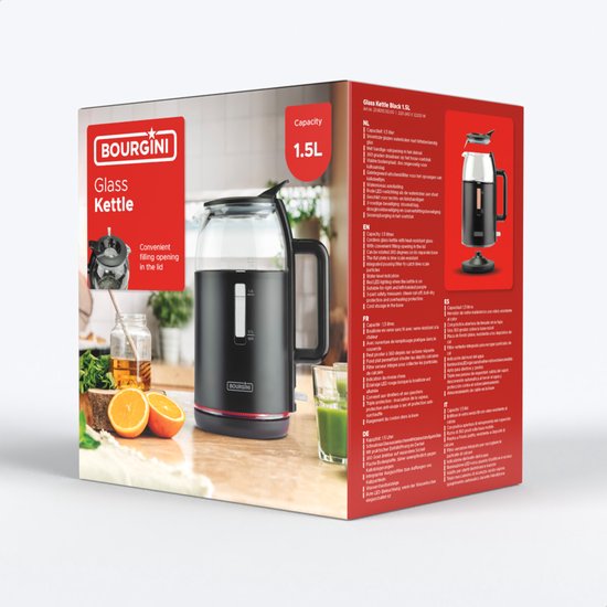 Bouilloire en verre Bourgini - Noir mat - Utilisation sans fil - Remplissage facile par le couvercle - Grande capacité de 1,5 L - Sans BPA