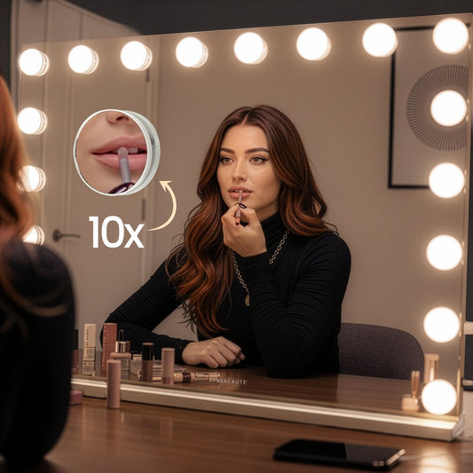 Sansbeauté® Hollywood Mirror 80x62.5 cm - Miroir de maquillage - 18 lampes LED - grossissement 10x - dimmable - port de charge USB - Touch Control - blanc