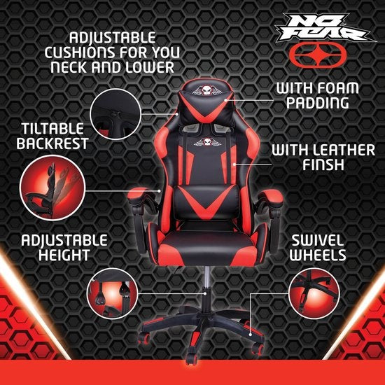 No Fear Gaming Chair - Chaise de jeu - Chaise de bureau - Hauteur réglable de 46 à 56 cm - Rouge/Noir