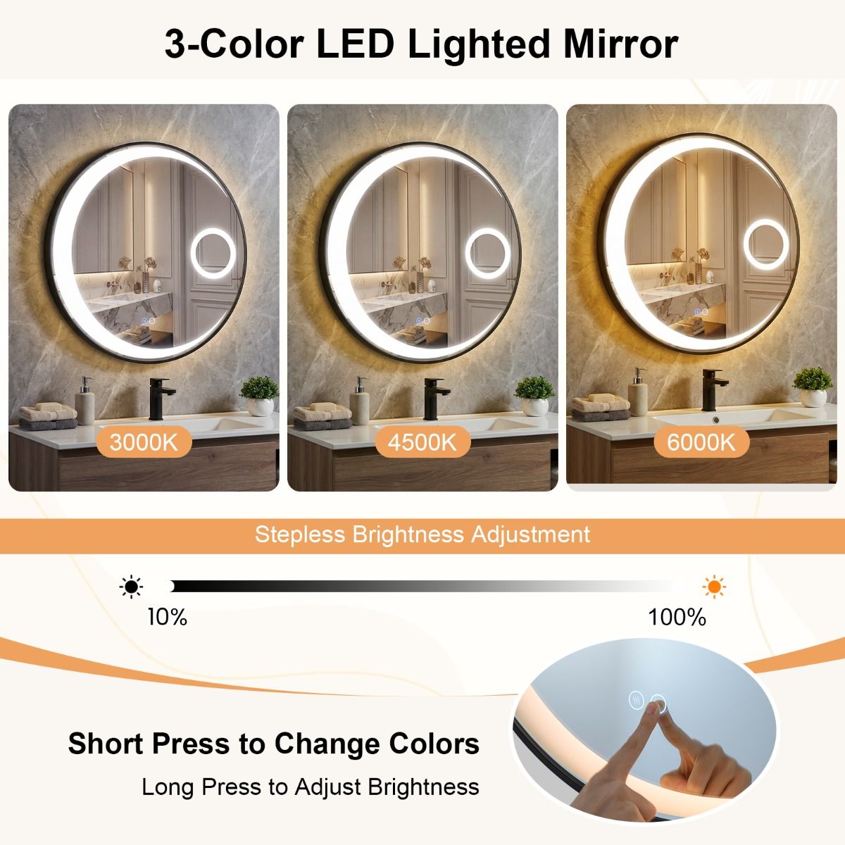 Miroir de salle de bains rond Coast - Éclairage LED - Anti-buée - 61 cm Noir