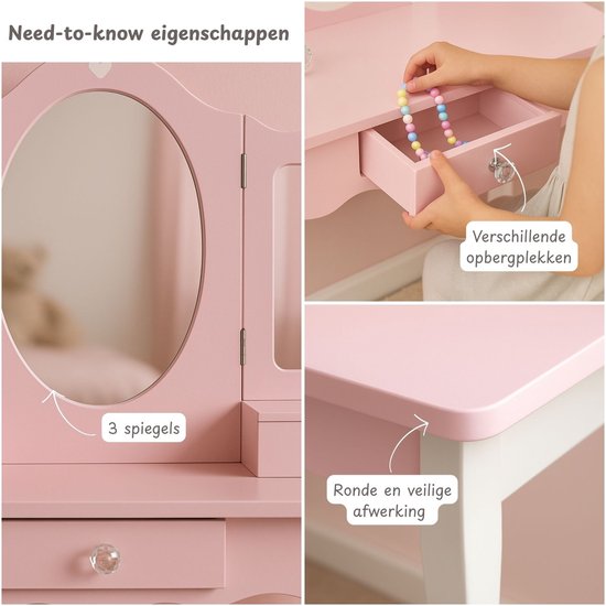 Table de maquillage Maxx Kidz pour enfant avec miroir - Table de maquillage en bois rose pour enfant avec tabouret - Table de maquillage pour enfants - Jouet pour filles à partir de 3 ans