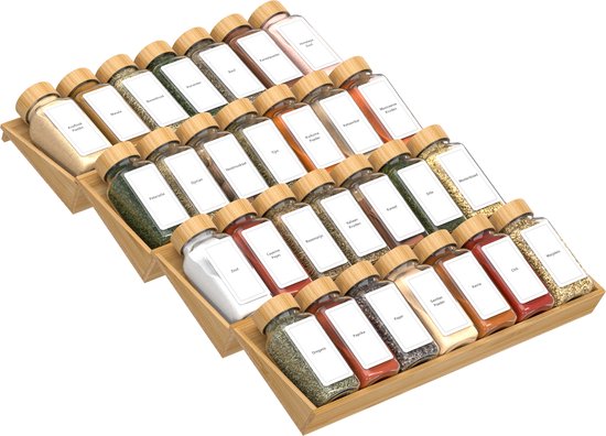 Noswo Spice Rack Drawer - 4 Layer - For 28 Spice Jars - stainless steel - Spice Organiser - Kitchen Drawer Organiser - Bamboo