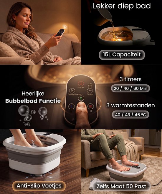 Bain de pieds ProTrue® avec massage - Bain de pieds électrique pliable avec rouleaux de massage - Appareil de massage des pieds avec fonction bulles et chauffage jusqu'à 46 °C