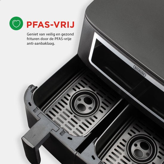 Friteuse à air chaud Bourgini Duo 2 x 4,0 L - Sans PFAS - Airfryer XXL - 2 tiroirs avec fonction de synchronisation - Écran tactile - 8 L - 2 600 W - Noir