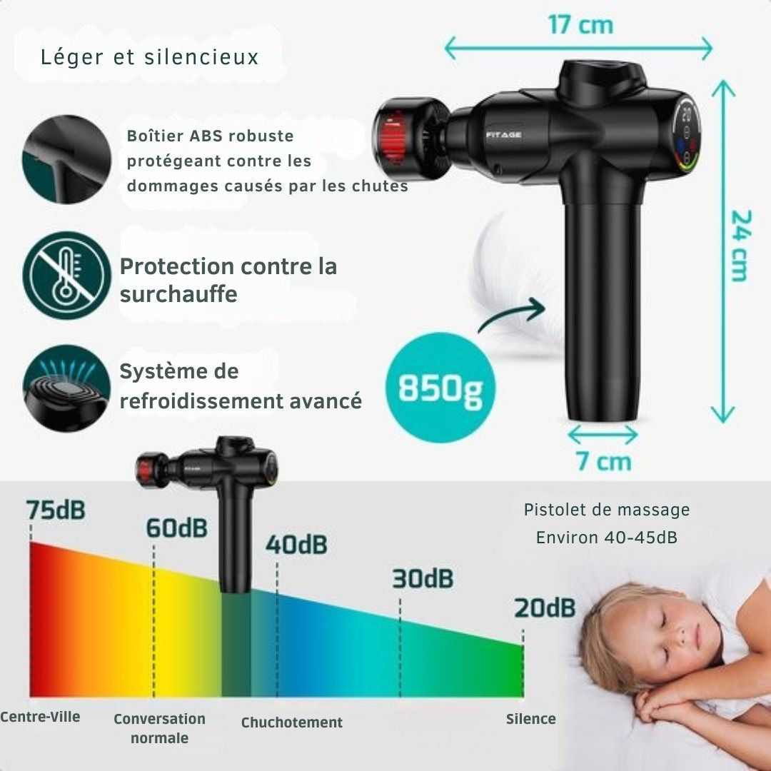Pistolet de massage chaud et froid  FITAGE - 8 accessoires - 20 positions - Noir