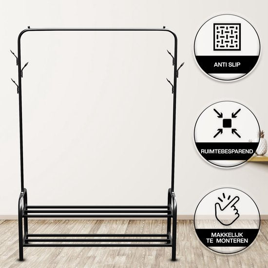 Vonia Rack à vêtements 152 x 34 x 102 cm - Rack à vêtements avec porte-chaussures - Rack à vêtements en métal - Rack de penderie - Noir