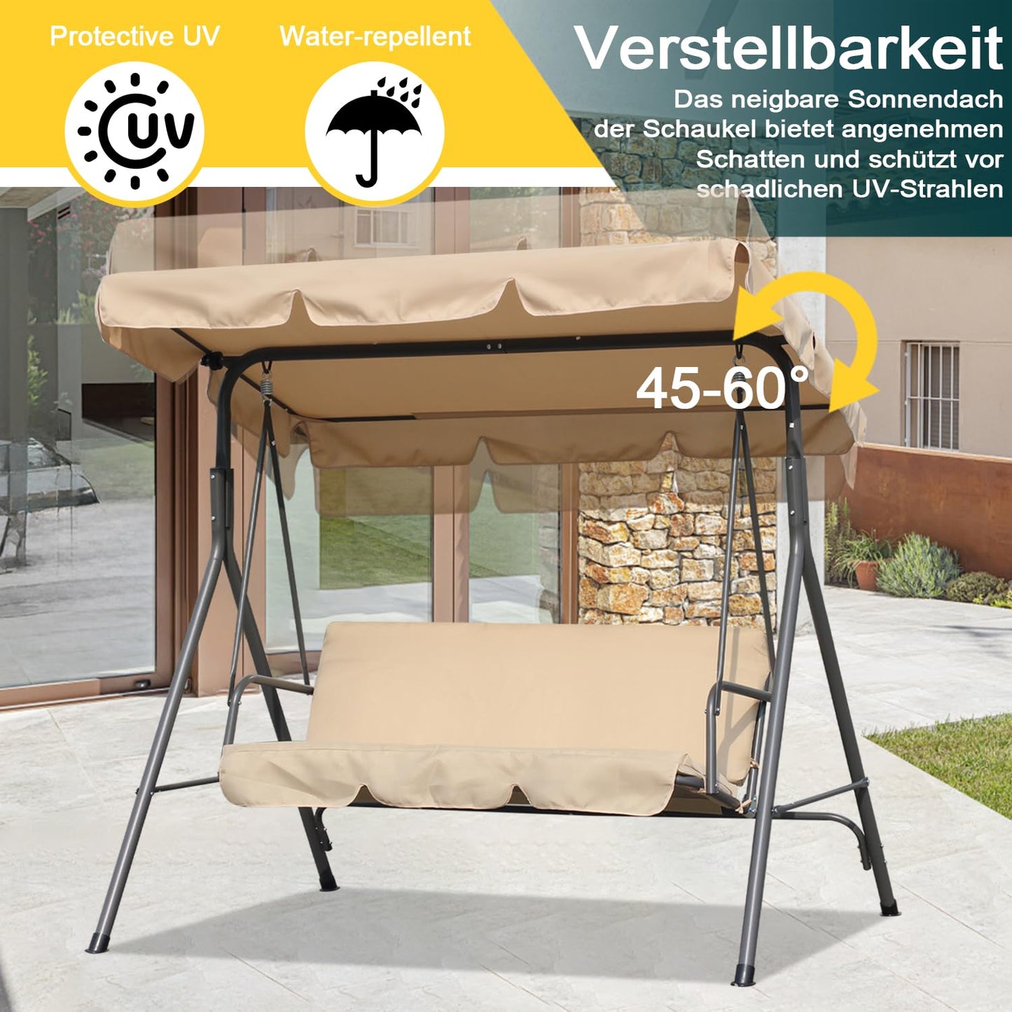 Balançoire de jardin Angel Living Hollywood 3 places avec pare-soleil - beige - env. 170 x 110 x 152 cm