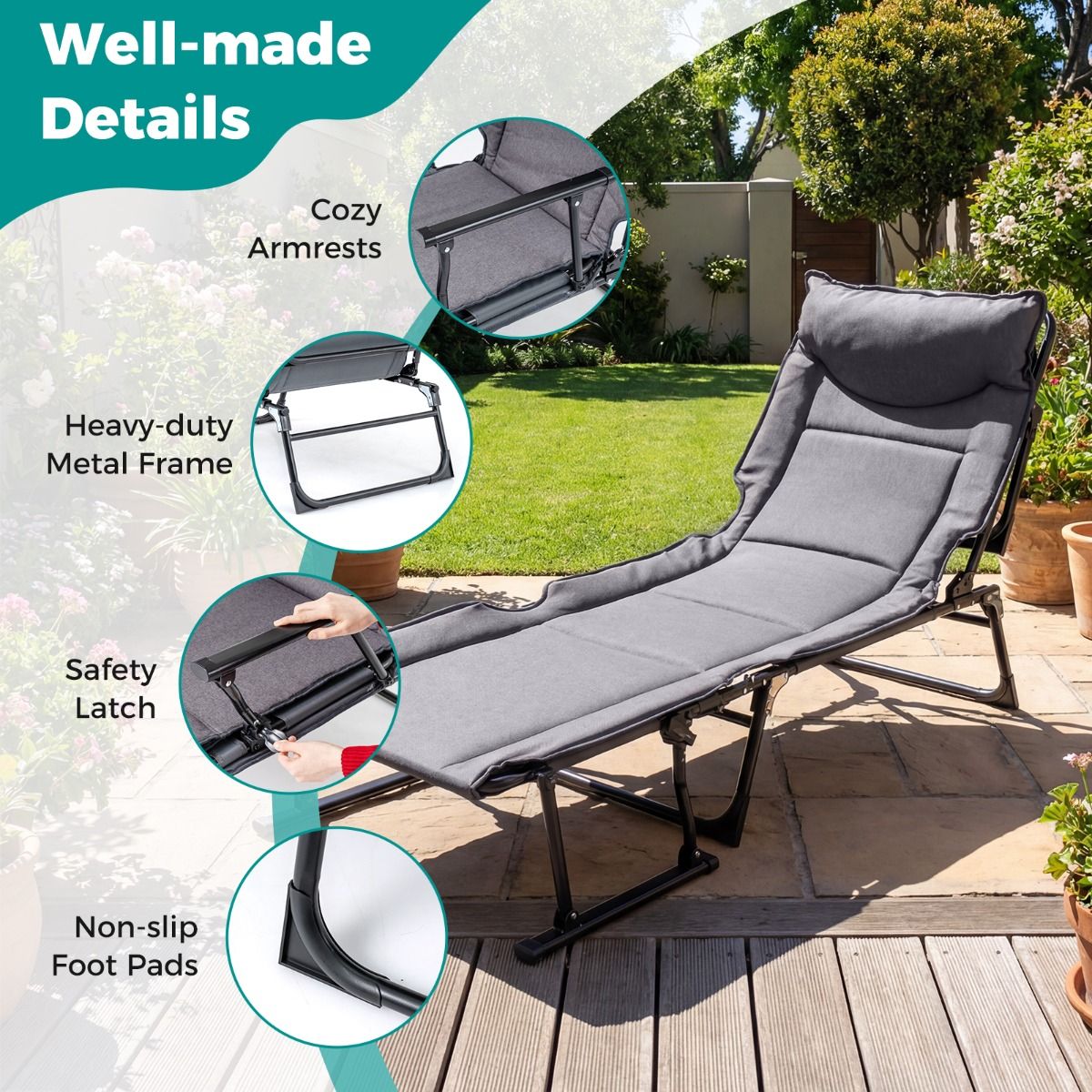 Lit de camping pliable Coast 3-en-1 - dossier réglable - appui-tête - gris et noir