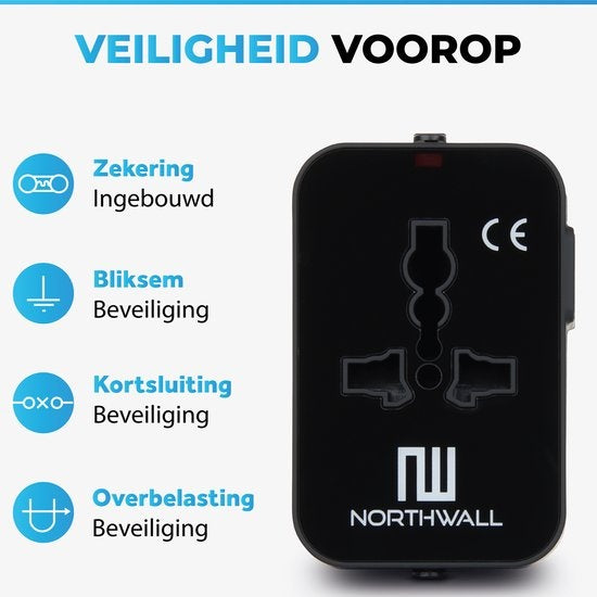 Adaptateur Universel avec 2 ports USB à charge rapide - Northwall - Prise de voyage internationale pour plus de 150 pays - Angleterre, Amérique, Afrique du Sud, USA, Italie, Royaume-Uni, Australie, Inde, ...