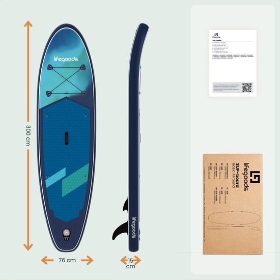 Planche de SUP LifeGoods Allround Compact - avec siège - capacité de charge de 100 kg - 300 x 76 cm - gonflable - kit SUP complet - bleu/vert