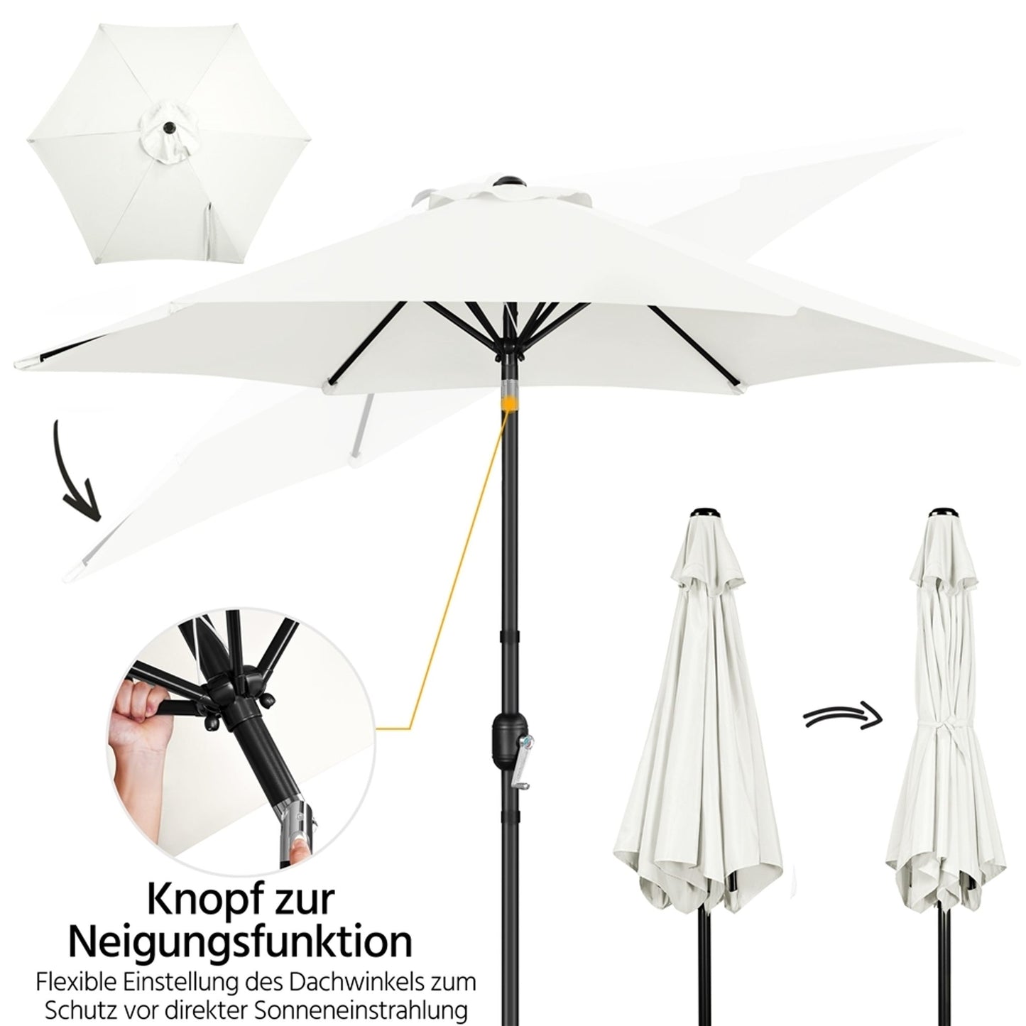 Parasol Yaheetech avec pied et fonction d'inclinaison, ø 269 cm - Protection UV UPF50+ - Blanc crème