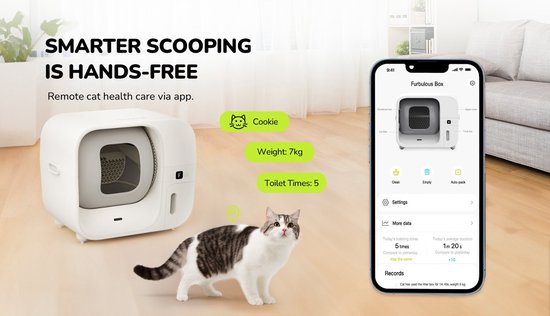 Litière automatique Furbulous avec contrôle via application, grande litière sécurisée de 60 L pour plusieurs chats avec système anti-odeurs, blanche - Litière 2,4 GHz avec fonction « Pack & Seal », autonettoyante et rechargeable, grande capacité, applicat