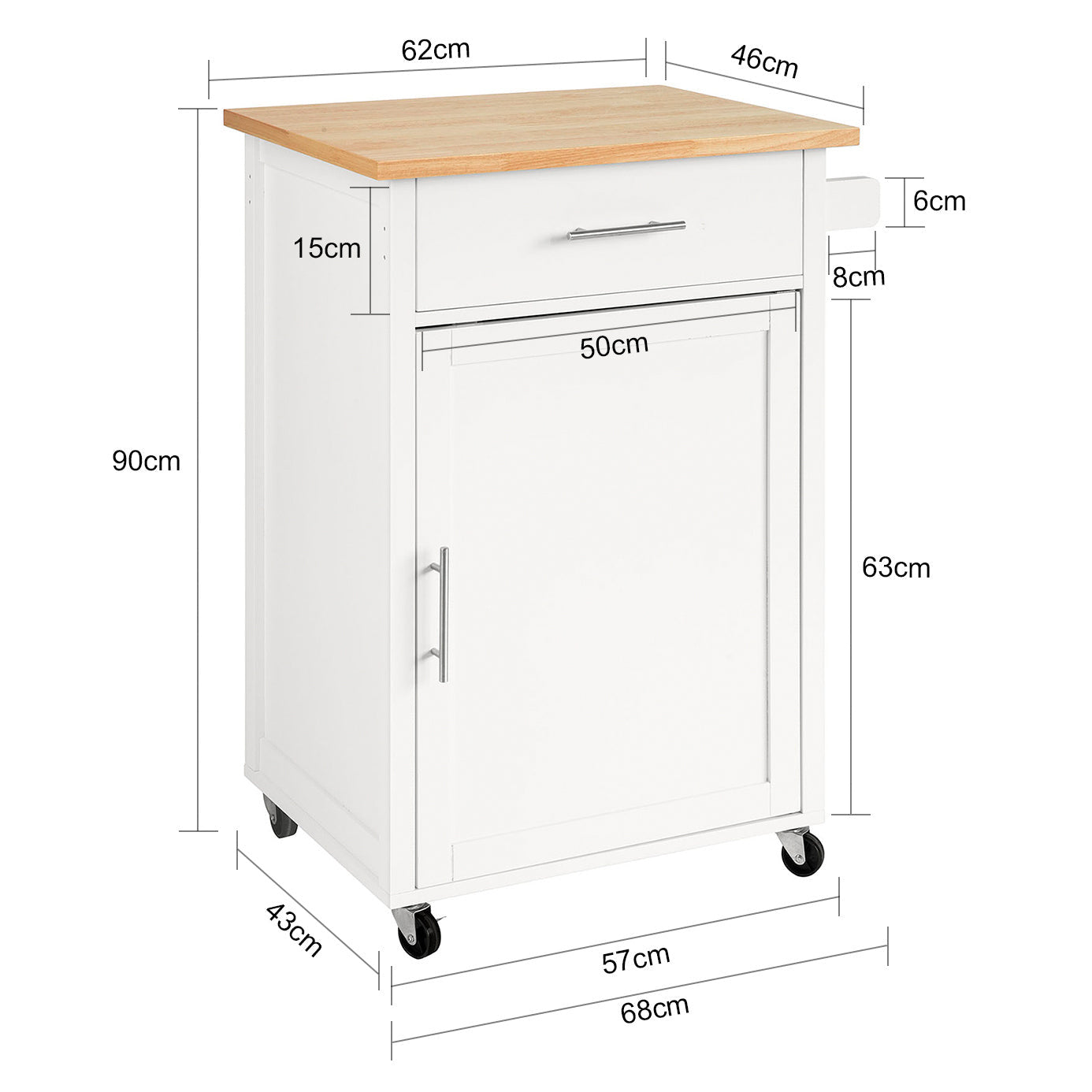 Chariot de Rangement - SoBuy - Chariot de cuisine - Plan de travail inclus - Avec porte et tiroir - Max. 45KG - 68 x 46 x 90 cm - Blanc