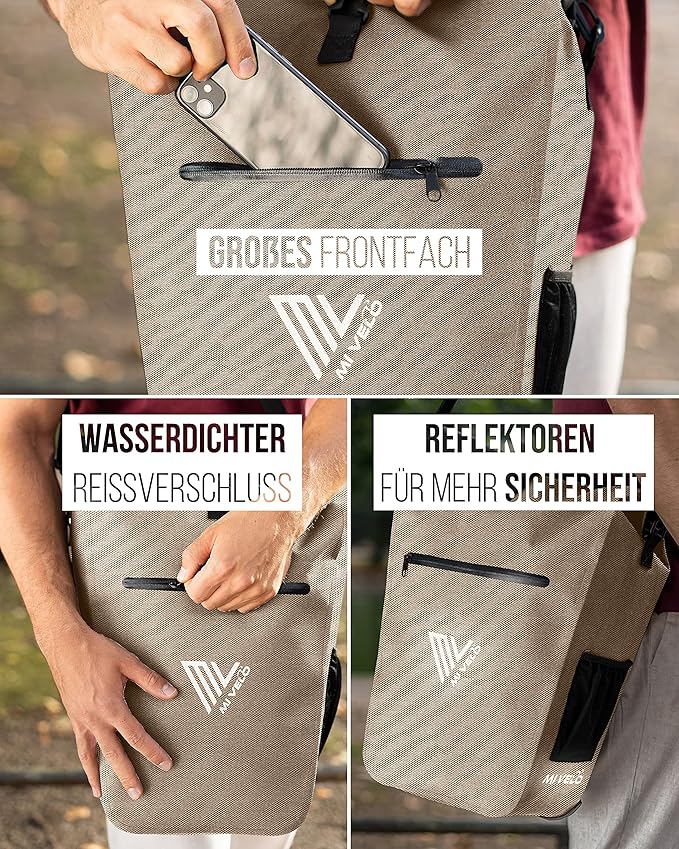 MIVELO Pannier - Imperméable & Incl. compartiment pour ordinateur portable & antivol de vélo - 25 litres - Sandbeige