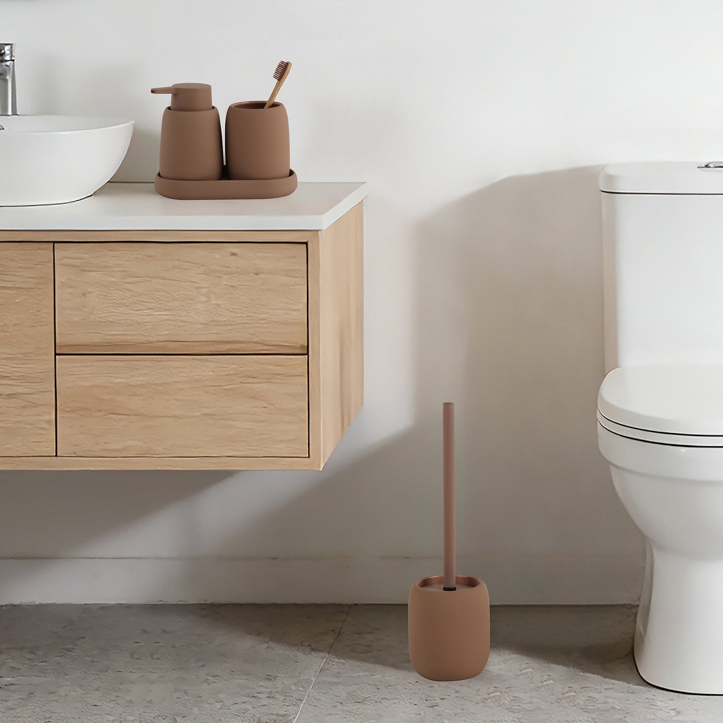 Ensemble de salle de bain en céramique Furnihaus, 4 pièces – Marron avec revêtement en caoutchouc – Accessoires de salle de bain en grès