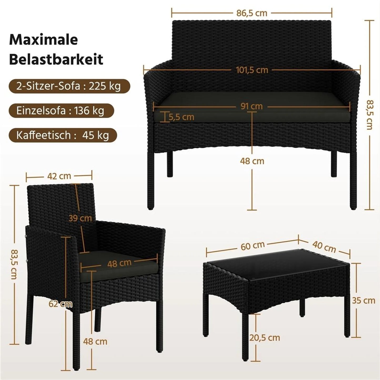 Yaheetech Garden Set Lounge Set 4-Piece - 100 x 59.5 x 83.5 cm - Equipé d'un plateau de table en PE-Rattan tressé à la main et de coussins lavables - Pour le jardin et le balcon - Polyéthylène noir et métal