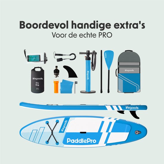 LifeGoods PaddlePro SUP Board Pro - Pro Set - Planche à pagaie gonflable - Max. 150KG - 320x81cm - Bleu ciel