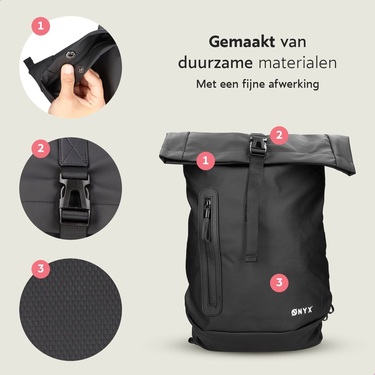 ONYX Rolltop Backpack 25 à 40 L - Avec compartiment pour ordinateur portable - Sac à dos ajustable - Sac de voyage - Imperméable et durable - Noir