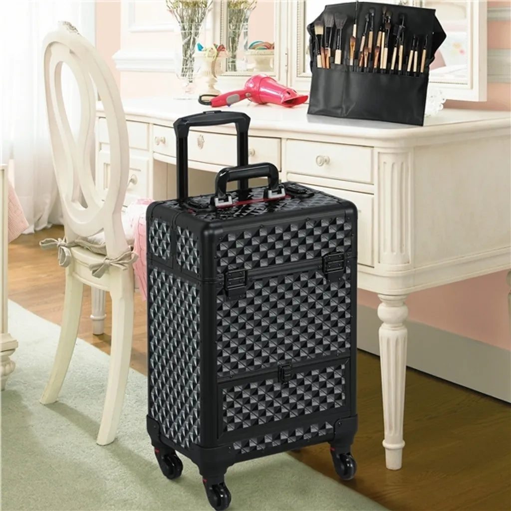 Valise de maquillage à roulettes Yaheetech avec tiroir et poignée télescopique - Noir/Argent - 34,5 x 24,5 x 55,5 cm