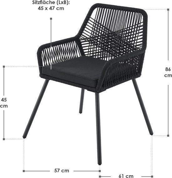 Chaise de jardin 2 pièces Kastos avec corde en maille - Noir - Coussin de siège inclus