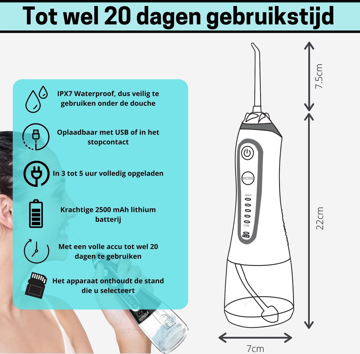 BOME Water Flosser with 7 Attachments - Oral Wash - Prevent Tartar - Cordless - 5 Stages - Black