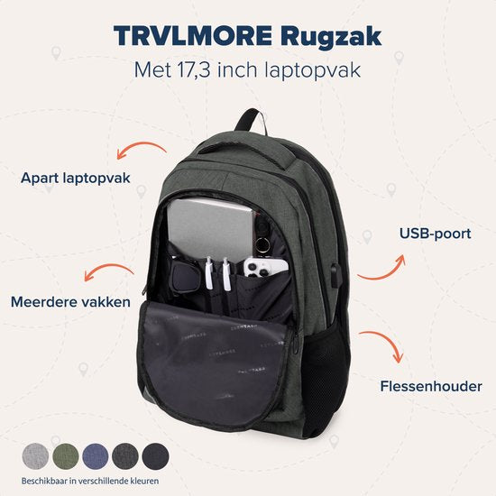 TRVLMORE Sac à dos - 36L - 17 inch - Sac à dos pour ordinateur portable - Sac d'école - Homme et femme - Sacoche pour ordinateur portable - Splashproof Gris Vert
