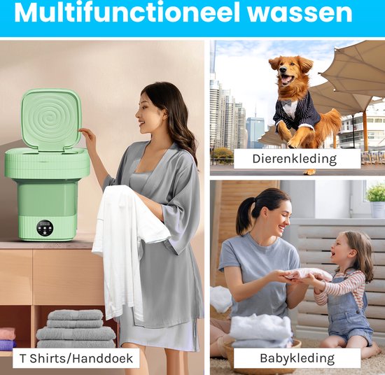 Mini laveuse ShopWise - pliable - économe en énergie - 8 pinces et corde à linge incluses - NOUVEAU modèle - Laveuse pour étudiant et camping - 10 litres - 3 étapes - moteur puissant - ensemble complet - vert