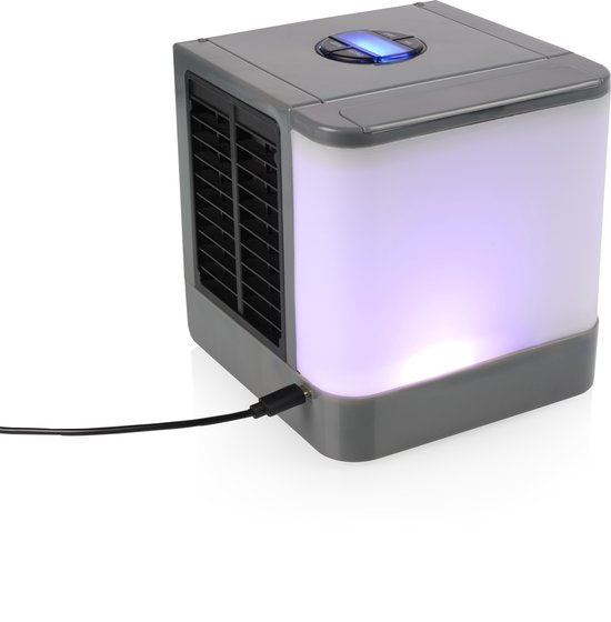 Princess 355500 Premium Mini climatiseur 14,2 x 14,2 x 14,8 cm – Climatiseur portable pour bureau ou chambre à coucher – Refroidisseur d'air USB-C, éclairage LED 7 couleurs, filtre d'évaporation d'eau amovible, refroidisseur personnel, compact pour la mai