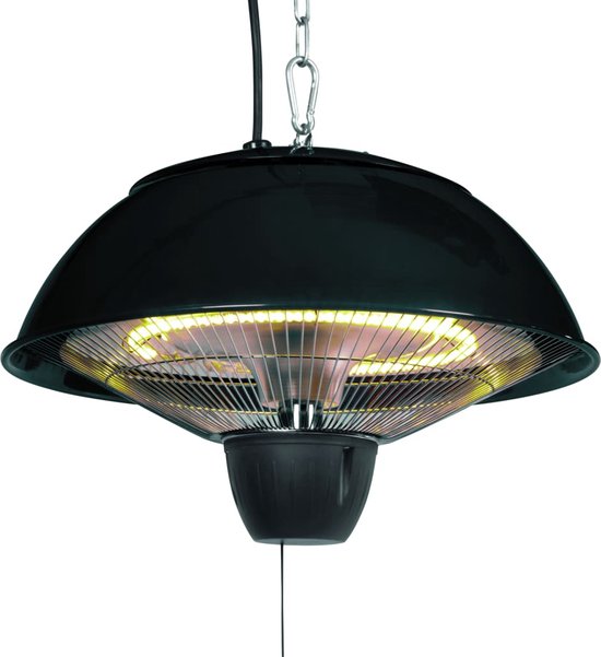 Perel Chauffage de terrasse, 1500 W, halogène, montage au plafond, avec interrupteur à tirette, chaîne, 1 niveau de chaleur, résistant aux éclaboussures, métal, noir