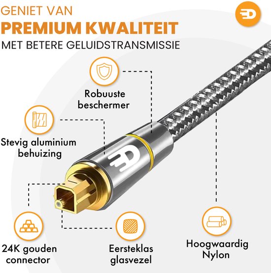 Drivv. Câble optique Toslink Premium en nylon - Câble audio optique - Câble audio optique - Barre de son - Mâle-mâle - 1 mètre - Gris