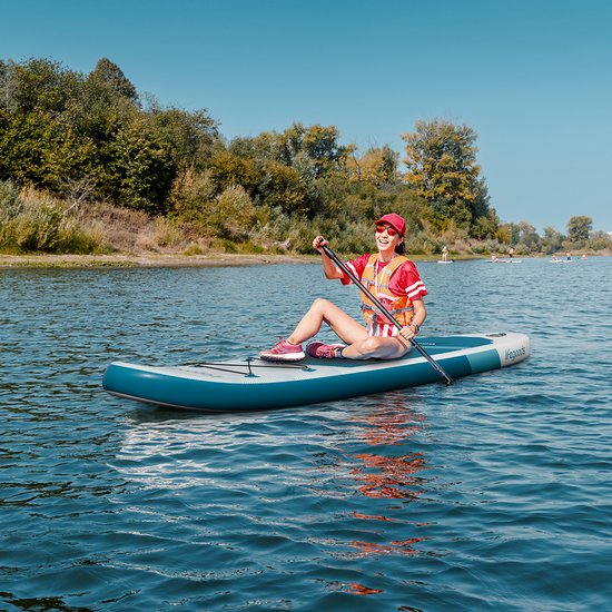 LifeGoods SUP Board All-round Compact - Capacité de charge 100 KG - 300 x 76 cm - Gonflable - Ensemble complet de SUP - Blanc/Aqua profond