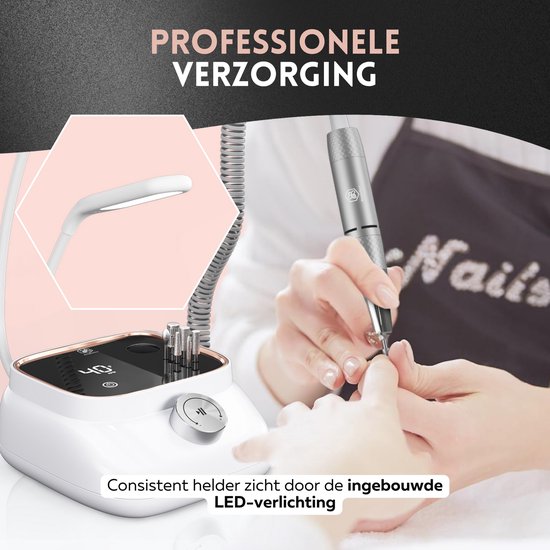 Beeperfect® Lime à ongles électrique édition de bureau - Moulin à ongles - Ensemble manucure et pédicure - 40 000 tr/min - sans fil et rechargeable - 11 embouts, 3 accessoires et 56 rouleaux de ponçage - or rose