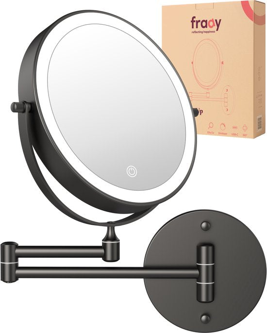 Fraay® Miroir de maquillage avec éclairage LED - grossissement 10x - Miroir grossissant avec lumière - rechargeable - Miroir de rasage - Miroir de salle de bain - noir