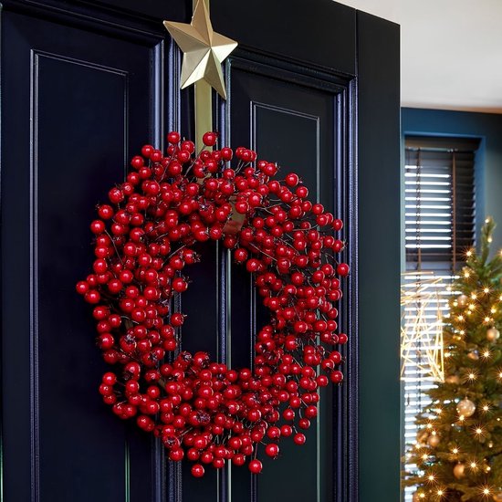 Mica Decorations : Décoration de Noël avec des baies rouges - Couronne de Noël pour créer une ambiance festive chez vous - Ø 50 cm en mousse - Couronne de porte d'intérieur pour la période de Noël - Rouge