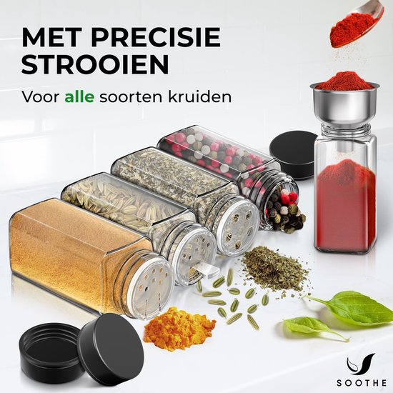 Soothe 24 pots à épices en verre carrés avec couvercle noir - 2 types de couvercles à saupoudrer - Spice Spreader - Pots à épices - Set complet avec stickers à épices, stick à craie et accessoires - 120ml