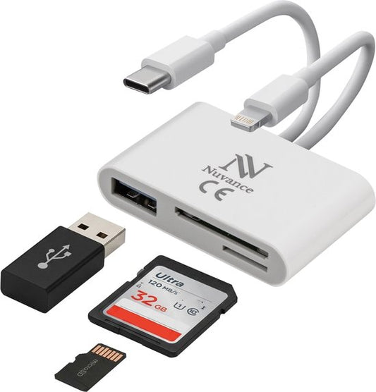 Nuvance SD Card Reader - 3 en 1 - Micro SD Card - USB to USB C - 8-Pin - Convient à tous les téléphones, tablettes et ordinateurs portables