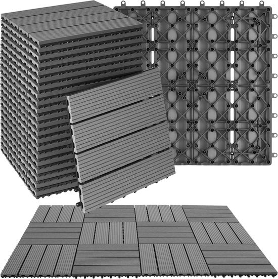 tectake® WPC wood tiles - Dalles aspect bois - Résistant aux intempéries - Sol extérieur - Dalles de sol - Sol de balcon - Dalles de terrasse avec système click - Drain - Lot de 22 - Gris