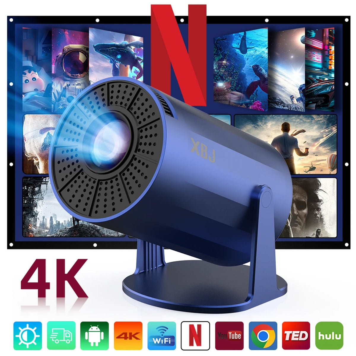 Mini-projecteur portable XBJ - Bleu - Android 11 - Wi-Fi 6 et Bluetooth 5.2 - 200 ANSI - Orientable à 180° - Taille d'image de 40 à 200 pouces - 14 x 11,9 x 21,8 cm