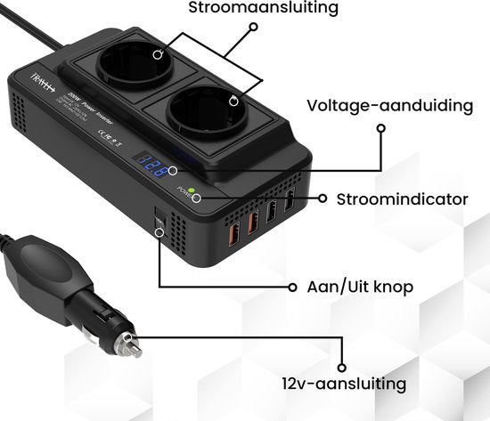 Travli Onduleur 12v 230v - Chargeur de voiture - Onduleur portable - 2x prise 230V - 4x ports de charge usb 5V
