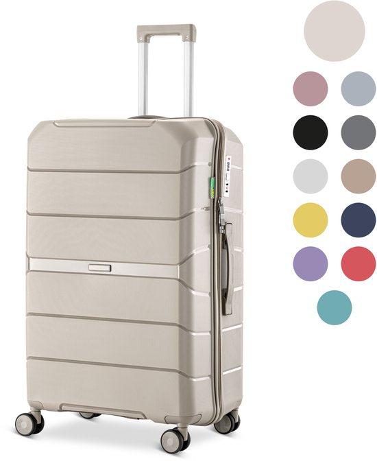 SKYCASES Urban Adventurer - Grande valise de voyage - Serrure à combinaison - 49 x 30 x 75 cm - 110 L - Grande valise à roulettes XL - Roulettes Spinner et cadenas - Beige