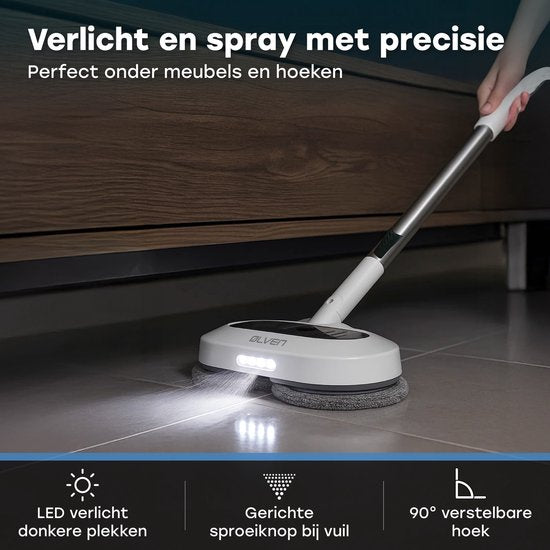 Ølven Balai à franges électrique - sans fil - nettoyeur de sols - fonction spray - éclairage LED - 50W - réglable - blanc