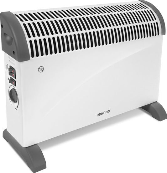 VONROC Chauffage électrique - Convecteur avec ventilateur de radiateur intégré - 3 réglages : 750W/1250W/2000W - Thermostat réglable - Chauffe les pièces jusqu'à 24m2 - Boîtier très robuste - Blanc