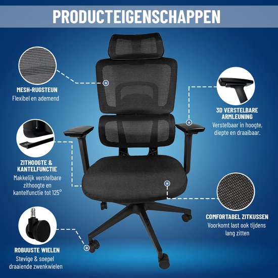 Chaise de bureau ergonomique ArtGlobal® - réglable - soutien lombaire - inclinable à 125°