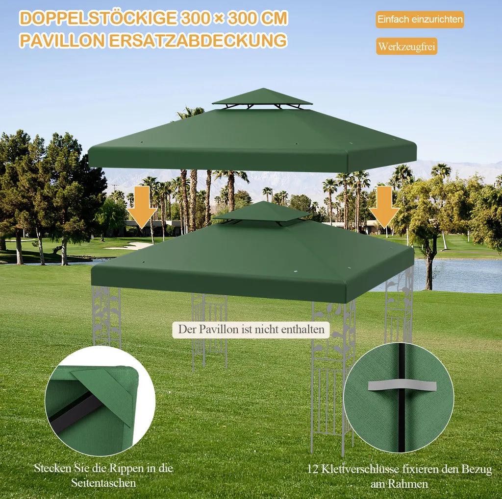 Coast Double Toit de Remplacement pour Pavillon - 3 x 3 m avec trous de drainage et velcro - Vert Foncé