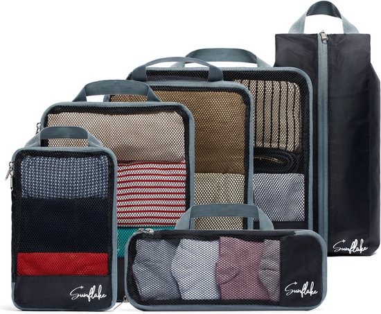 Cubes de compression - Kit d'organisation pour valise - 6 pièces - Cubes de compression pour sac à dos - avec zips de compression - Mesh Black - Sunflake