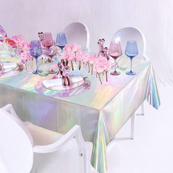 Partizzle 2x nappe plastique jetable - Décoration de fête licorne - Anniversaire sirène - Arc-en-ciel holographique - 274 x 137 cm