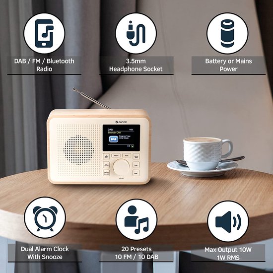 Denver DAB Radio - BIO PLASTIC - Radio rétro - DAB+ / FM Radio - Bluetooth - 40 présélections - DAB60LW