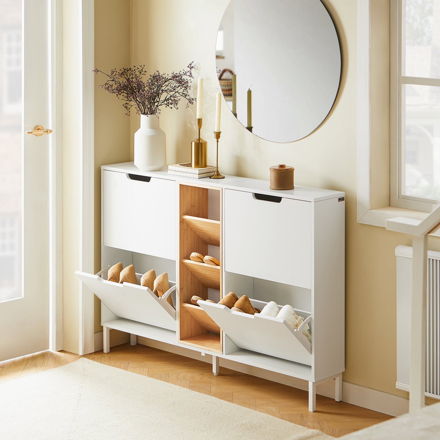 SoBuy Meuble à chaussures FSR183-WN - 4 tiroirs basculants - 3 compartiments ouverts - 126 x 19 x 85 cm - blanc